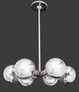 Bauhaus Style Atomic Satellite Chandelier: Bauhaus Style Atomic Satellite Chandelier, chrome with six bulbs grouped around a central support. 24" H x 18" Diameter. Provenance: Property from a SoHo loft. Keywords: Lighting, Vintage, Mid-Century