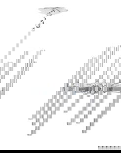 Gaetano Sciolari Modernist Chrome Pendant Lamp: Gaetano Sciolari Italian Modernist Chrome Pendant Lamp, with sixteen light bulb fittings, two per arm. 25" H x 16" Diameter. Provenance: From a New York City Collection. Keywords: Lighting, Chandelier