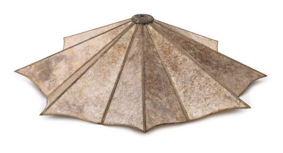 Arts & Crafts Mica Lamp Shade: Arts and Crafts Mica Lamp Shade. 6.5" H x 25" Diameter. Provenance: From a Park Avenue Collection. Keywords: Antique Lamps, Starburst form, Geometric design, Mission Style, Decorative Arts