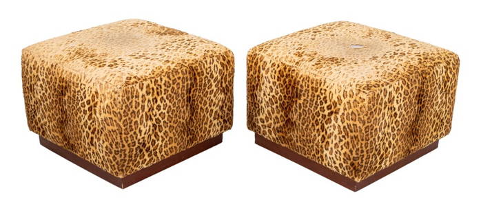 Ralph Lauren Leopard Print Ottomans, Pair: Pair of Ralph Lauren Leopard Print Upholstered Ottomans, on wooden bases, label on bottom. 17" H x 25" W x 25" D. Provenance: From an Upper East Side Collection. Keywords: Pouf, Stool, Diminutive Furn