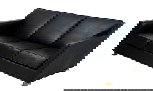 Black Leather 3-Seat Sofa: Black Leather Upholstered Three-Seat Sofa, atop four circular giltwood feet. 29" H x 76.25" W x 36.5" W; seat: 14.5" H. Provenance: From a SoHo Collection. Keywords: Vintage Furniture, Modern design,