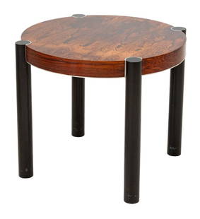 Robert Baron Rosewood Circular Side Table: Robert Baron for Glenn of California, retailed by John Stuart Rosewood Circular Side Table, with aluminum trim and ebonized cylindrical legs, with "John Stuart Inc. / New York" label to underside. 21"