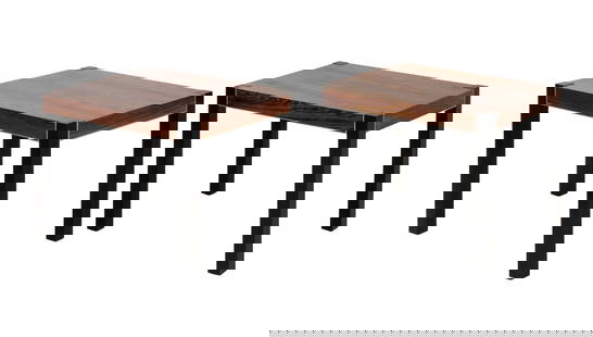 Robert Baron Rosewood Side Tables, Pair: Robert Baron for Glenn of California, retailed by John Stuart Rosewood Rectangular Side Tables, each on four ebonized wood legs, apparently unmarked. 21.25" H x 30" W x 22" D. Provenance: From a Chapp