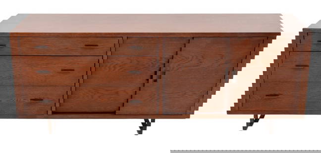 Mid-Century Modern Style Stained Wood Sideboard: Mid-Century Modern Style Stained Wood Sideboard, with two sliding doors opening to right and three frieze drawers to left, "Crate & Barrel" label to reverse. 26.5" H x 70" W x 20" D. Provenance: From