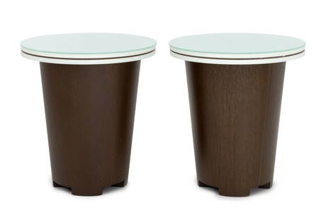 Modern Patinated Metal & Wood Glass Top Tables, 2: Pair of Modern Patinated Metal, Painted Wood, and Circular Glass Top Side Tables. 26.25" H x 24" Diameter. Provenance: From a Chelsea, New York City Collection. Keywords: Modern Furniture, Accent tabl