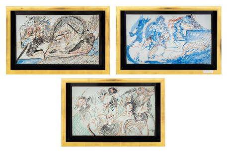 Eva Bouzard-Hui Abstract Compositions on Tile, 3: Eva Bouzard-Hui (American, 1936-2023) Three Abstract Compositions on Ceramic Tiles, with gilt details, each signed and dated to lower right, label to lower right "Jendezhen Factory China", one titled
