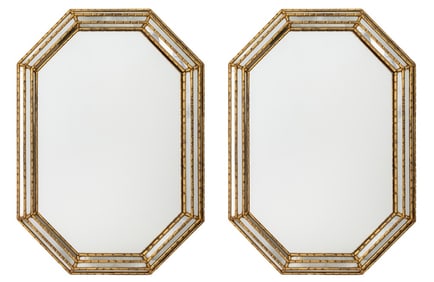 Italian Octagonal Giltwood Cushion Mirrors, Pair