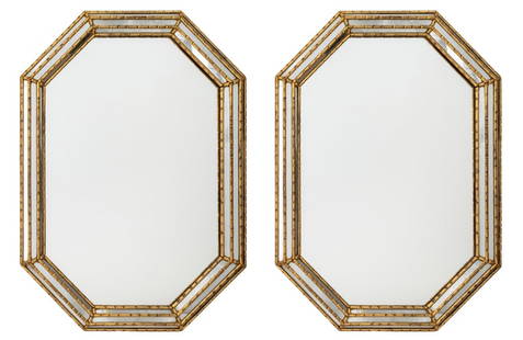 Italian Octagonal Giltwood Cushion Mirrors, Pair: Pair of Italian Octagonal Giltwood Cushion Mirrors, 20th century, with faux bamboo motif, marked "Made in Italy" to the top. 40.75" H x 29" W x 2" D. Provenance: From an Upper East Side Collection.