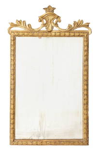 Louis XVI Style Giltwood Mirror, 19th C.: Louis XVI Style Giltwood Mirror, 19th century, with shield and scroll form crest with carved floral border. Mirror plate: 30" H x 20" W; frame: 41" H x 25.5" W x 2" D. Provenance: Property from the re