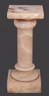 French Alabaster Pedestal: French Alabaster Pedestal, late 19th century, the square revolving top on a tapering column with a stepped socle and square plinth. 29" H x 12" W x 12" D. Keywords: European Furniture, Antique Furnitu