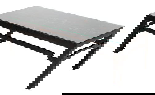 Chinese Black Lacquered Wood Coffee Table: Chinese Black Lacquered Wood Coffee Table, with painted landscape scene to the center, underneath Glass Top, on four slightly curved legs conjoined by a box stretcher. 16.5" H x 51" W x 20.5" D. Prove