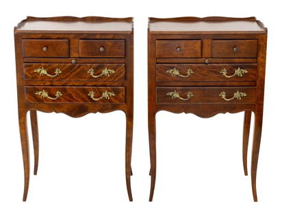 Louis XV Style Maple Nightstands, Pair: Pair of Louis XV Style Maple Nightstands, with curved galleried tops above two short drawers, brown leather top pull-out writing surface and two frieze drawers, on cabriole legs, W & J Sloane label to