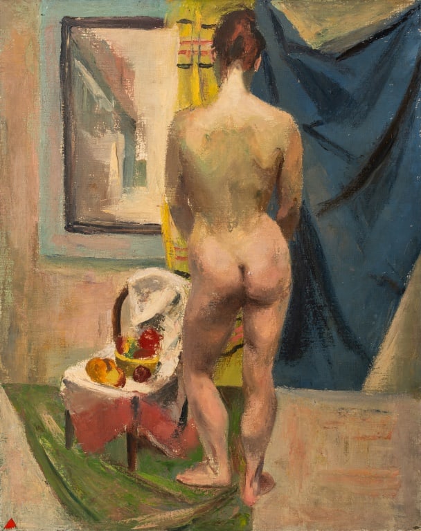 James Klein Standing Nude Woman Oil: James Klein (American, XX),Standing Nude Woman, Oil on Canvas, depicting a figure with back to viewer next to a still life fruit arrangement, signed and marked "Levi AM" to verso, unframed. 30" H x 24