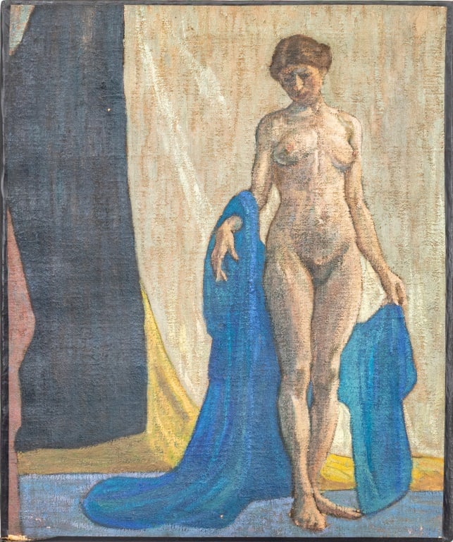 Carter Standing Nude Woman Oil on Canvas: Carter (American, XX), Standing Nude Woman, Oil on Canvas, with blue cloth wrap, signed and labeled "Carter" to verso, black tape border, unframed. 24" H x 20.25" W. Provenance: From the Allen Tucker