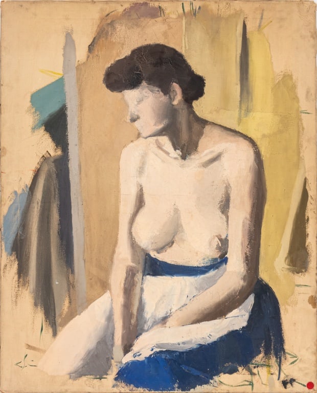 J.T. Andrews Seated Female Nude Oil on Canvas: J.T. Andrews (American, XX), Seated Female Nude, Oil on Canvas, initialed, signed, and marked "A.S.L. NYC NY / Dickenson PM" to verso, unframed. 36.25" H x 29..5" W. Provenance: From the Allen Tucker