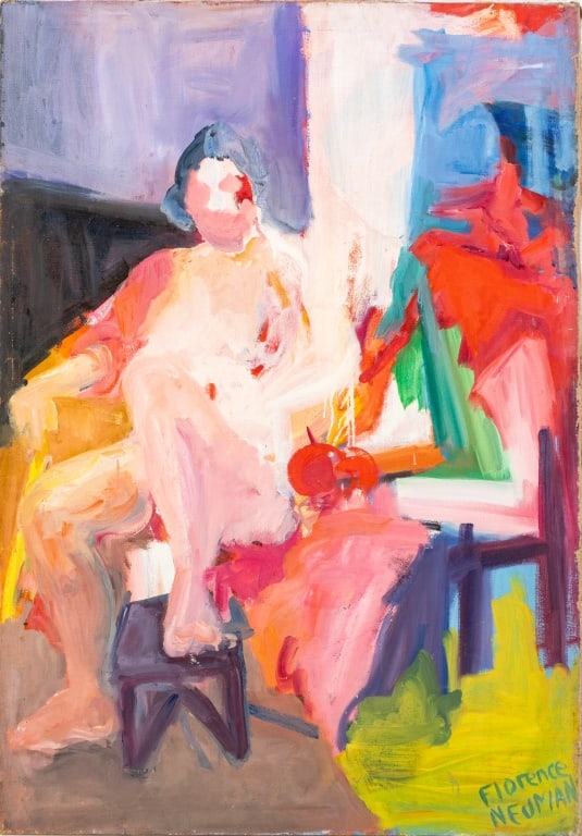 Florence Neuman Seated Female Oil on Canvas, 1967: Florence Neuman (American, XX), "Seated Female", Oil on Canvas, 1967-1968, signed lower right, with Art Students League label to verso, unframed. 46" H x 32" W. Provenance: From the Allen Tucker Memor