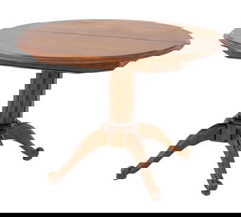Regency Style Mahogany Extending Dining Table: Regency Style Mahogany Extending Dining Table, circular top with two leaves above fluted central pedestal and four scroll form feet. 29.5" H x 42" Diameter. Provenance: The Upper East Side Estate of A