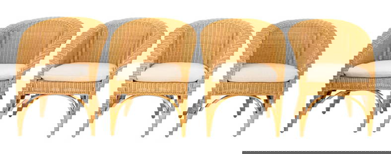 Varaschin Wicker Armchairs, 4: Set of Four Varaschin Woven Wicker Arm Chairs, with beige cushions. 31.5" H x 26.25" W x 24" D; seat: 20" H. Provenance: From a Vintage Collection of Italian Designer Furniture Samples. Keywords: Ital