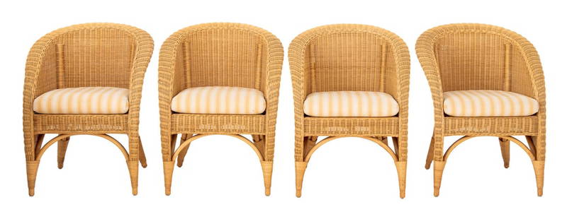 Varaschin Wicker Armchairs, 4: Set of Four Varaschin Woven Wicker Arm Chairs, with yellow and beige striped cushions. 31.5" H x 26.25" W x 24" D; seat: 20" H. Provenance: From a Vintage Collection of Italian Designer Furniture Samp