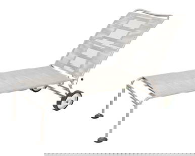 Alias Stainless Steel Outdoor Chaise Longue: Alias Brushed Stainless Steel Outdoor Chaise Longue, with grey mesh seat and adjustable back atop casters, "Alias / Made in Italy" label to frame. Back up: 38" H x 61.5" W x 27" D. Provenance: From a