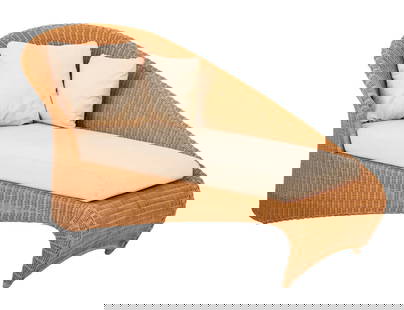 Varaschin Attr. Italian Wicker Chaise Longue: Varaschin attributed Italian Woven Wicker Chaise Longue, with swoop back design, tan cushion and two pillows. 39" H x 74.5" W x 33" D. Provenance: From a Vintage Collection of Italian Designer Furnitu