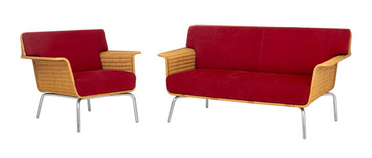 Varashin Woven Wicker Furniture Set, 2 Pcs.: Varashin Woven Wicker Furniture Set, a sofa and an armchair, with red fabric upholstered cushions and tubular chrome legs. Sofa: 30.25" H x 58" W x 28" D; seat: 16.5" H; chair: 29.25" H x 33" W x 28"