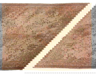 Turkish Oushak Carpet, 12' x 8' 11.5": Turkish Oushak Wool Carpet, with burgundy and blue geometric and floral motif. 12' " L x 8' 11.5". Provenance: From an East Village Estate. Keywords: Floor covering, Rug, Textiles, Interior design, De
