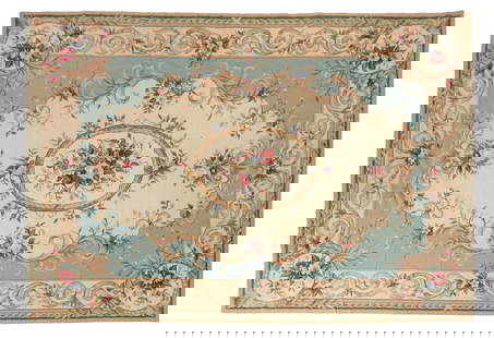 Aubusson Style Needlepoint Carpet, 11' x 7' 11": Aubusson Style Floral Motif Needlepoint Carpet, cream and blue. 11' L x 7' 11" W. Provenance: From a New York City Collection. Keywords: Rugs, Rococo, Versailles, French Style, Roses, Textiles, Floor