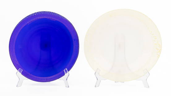 Murano Gold-Flecked Glass Centerpiece Bowls, 2: Two Murano Gold-Flecked Glass Centerpiece Bowls, one frosted colorless glass and one frosted cobalt blue, each with "Vetri Artistico / Murano" label. Larger: 3.25" H x 14" Diameter. Provenance: From