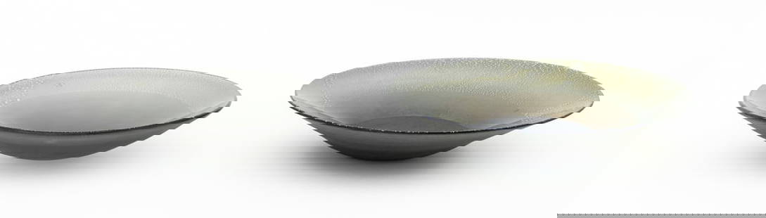 Murano Silver Leaf Smoked Glass Bowls, 2: Two Murano Silver Leaf Frosted Smoked Glass Centerpiece Bowls, the larger with inner gold-flecked border. Larger: 3.5" H x 16" Diameter. Provenance: From a Vintage Collection of Italian Designer