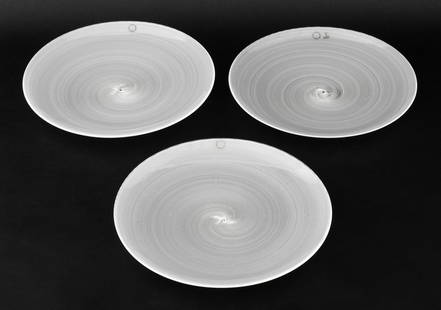 Venini Murano Latticino Chargers, 3: Set of Three Venini Murano White Latticino Glass Chargers, 1984, all with "Venini Italia 84" marks, "Venini / Murano / Made in Italy" labels, and one with "vetri / murano" label. 1.25" H x 12" Diamete
