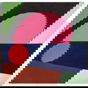Sara Pines Geometric Composition Oil on Canvas: Sara Pines (XX-XXI), Geometric Composition, Oil on Canvas, unsigned, unframed. 16" H x 16.25" W x 1.75" D. Provenance: From a New York City Collection. Keywords: Painting, Works on Canvas, Oil paintin