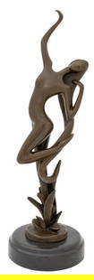 Aldo Vitaleh Standing Nude Woman Bronze: Aldo Vitaleh (XX) Standing Nude Woman Patinated Bronze Sculpture, signed on base, mounted on ebonized circular plinth. 14.25" H x 4.5" Diameter. Provenance: From a New York City Collection. Keywords: