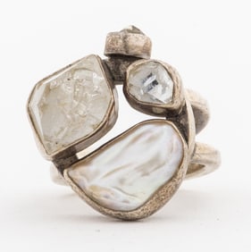 Lilly Barrack Silver Rock Quartz & Pearl Ring