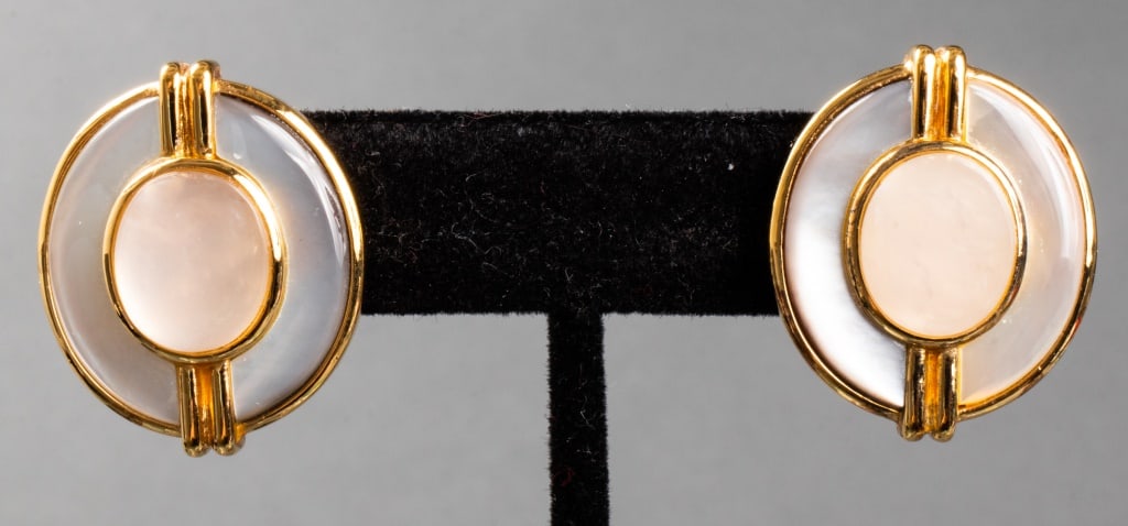 Vermeil Silver Jade & Mother-of-Pearl Earrings: Pair of Vermeil Silver Pink Jade Oval Cabochon and Mother-of-Pearl Post Earrings, cut 12 x 10 mm pink jade, with omega backs, marked: "KYLO / 925". Earrings measure: 1.06" L x 0.875" W x 0.75" H. Appr