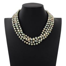 Modernist Silver Multi-Strand Green Pearl Necklace