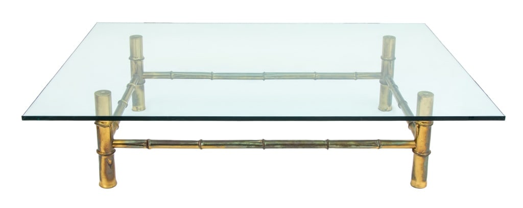Maison Bagues Style Bamboo Motif Coffee Table: Maison Bagues Style Bamboo Motif Gilt Metal Coffee Table, 1970s, with rectangular glass top. 16" H x 66.75" W x 47.25" D. Provenance: From the Fifth Avenue Estate of Sherle Wagner. Keywords: Vintage F