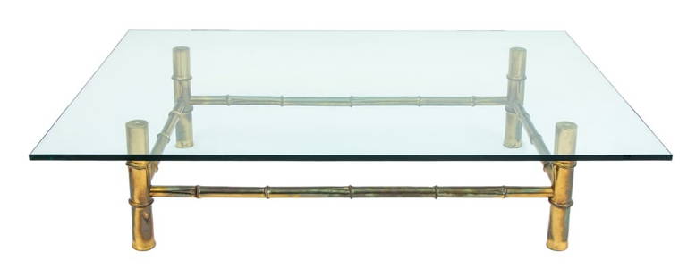 Maison Bagues Style Bamboo Motif Coffee Table: Maison Bagues Style Bamboo Motif Gilt Metal Coffee Table, 1970s, with rectangular glass top. 16" H x 66.75" W x 47.25" D. Provenance: From the Fifth Avenue Estate of Sherle Wagner. Keywords: Vintage F