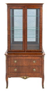 Henredon Louis XV Style Mahogany Display Cabinet: Henredon Louis XV Style Mahogany Stepback Display Cabinet, the top half having four glass panes with a mirrored back and two-door cabinet opening to three shelves above an ormolu mounted chest with tw
