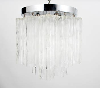 Italian Mid-Century Tronchi Glass Chandelier: Italian Mid-Century Modern Tronchi Glass Chandelier, two tiers with twelve hanging glass cylindrical pendants. 15" H x 12" Diameter. Provenance: From a New York City Collection. Keywords: Lighting, Mu