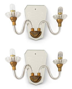Italian Art Deco Glass 2-Branch Wall Sconces, Pair: Pair of Italian Art Deco Glass Two-Branch Wall Sconces, issuing from etched mirrored backs. 8.25" H x 14" W x 5.75" D. Provenance: From an East 72nd Street Estate. Keywords: Lighting, Murano style, Ve