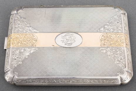 Antique Silver Cigarette Case with Sapphires: Antique silver cigarette case, engraved, engine turned and polished, featuring a hinge with pushbutton / snap closure, the pushbutton decorated with 6 channel set blue synthetic sapphires, weighing a
