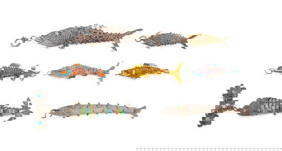 Chinese Silver Filigree Articulated Fish, 7: Group of Seven Chinese Silver Filigree Articulated Fish Pendant Charms, two base metal with one struck "CHINA" to reverse of pin, three with enamel, five with crystal, turquoise, coral, or glass caboc