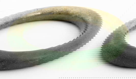 Chinese Mottled Green Jade Bangle: Chinese Mottled Deep Celadon Green Bangle. 3.25" Diameter. Provenance: From a 201 West 89th Street Collection. Keywords: Jewelry, Fashion, Accessories, Bracelet
