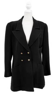 Chanel Boutique Cotton Blend Jacket: Chanel Boutique Cotton Blend Jacket in black, with silk lining and two gold-tone and black CC buttons, labeled "Chanel Boutique". 32" L, Shoulders: 19", Bust: 36", Waist: 37", Sleeve: 21.25" Provenanc