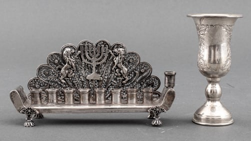 Judaica Sterling Silver Kiddush Cup & Menorah