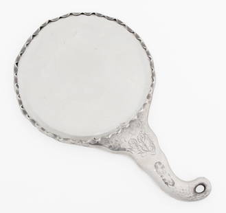 Art Nouveau Silver Circular Hand Mirror: Art Nouveau Silver Circular Hand Mirror, early 20th century, with lily motif to the back and beveled circular mirror, monogrammed to the handle. Silver tested. Weight: 13.92 ozt. inclusive of mirror;