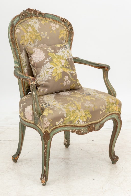 Louis XV Style Gilt & Green Painted Fauteuil: Louis XV Style Gilt and Green Paint Fauteuil, 19th century, with floral pattern silk upholstered seat and back. 37.5" H x 25" W x 21" D; seat: 18" H. Provenance: From an East 72nd Street Estate. Keywo