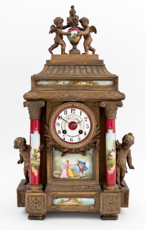 French Gilt Metal and Porcelain Mantel Clock (1 of 9)