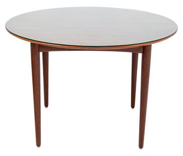 Danish Style Mid-Century Modern Teak Dining Table: Danish Style Mid-Century Modern Teak Dining Table, with glass top, marked "13" to underside. 29" H x 43" Diameter. Provenance: From a Fifth Avenue or Greenwich Village Estate. Keywords: Vintage Furnit